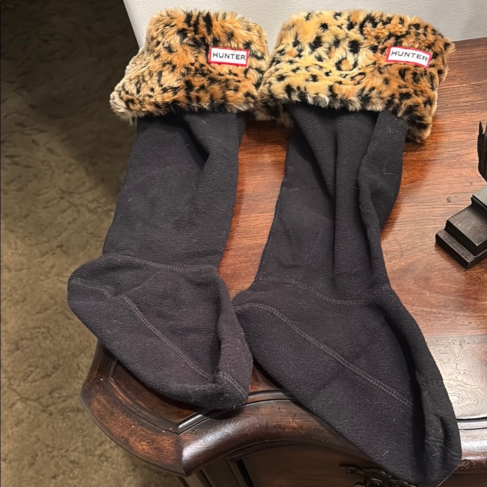 Hunter Black Fleece Socks with Leopard Cuff
